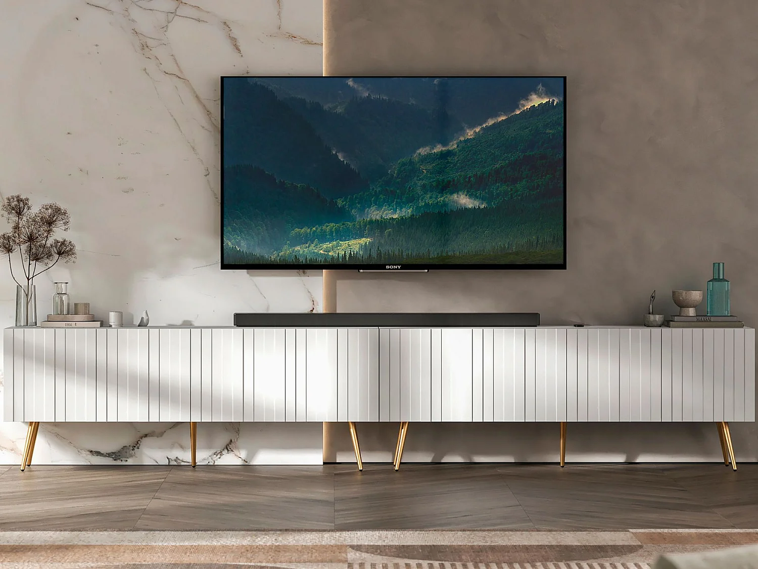 Szafka RTV z 8 drzwiami - korpus Biały mat, fronty ryflowane Biały mat - 300 cm, złote nóżki
