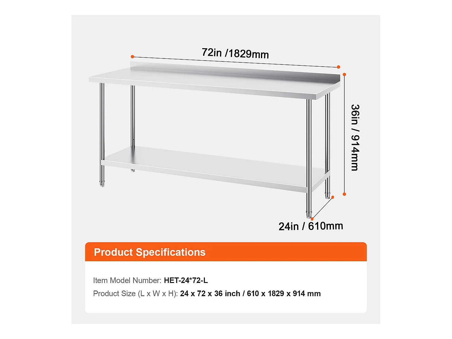 Table de Travail Cuisine SucceBuy, 61 x 182,9 cm, Table de Préparation des Aliments, pour la Préparation en Cuisine, au Restaurant et en Atelier