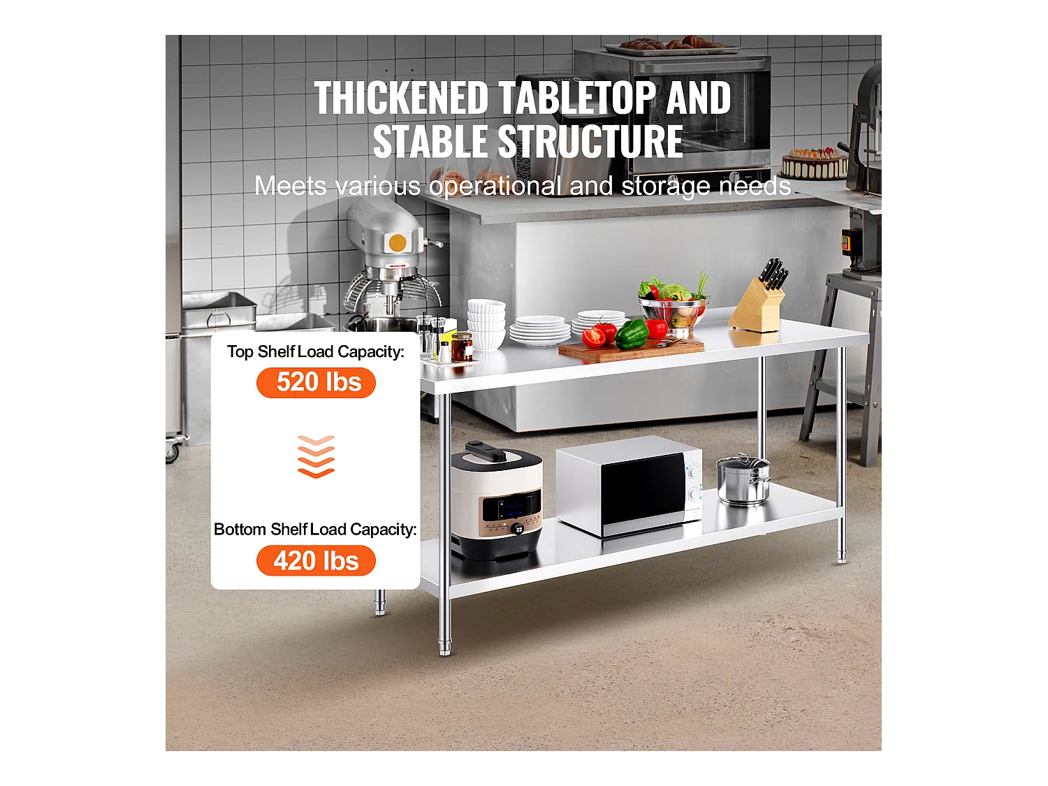 Table de Travail Cuisine SucceBuy, 61 x 182,9 cm, Table de Préparation des Aliments, pour la Préparation en Cuisine, au Restaurant et en Atelier