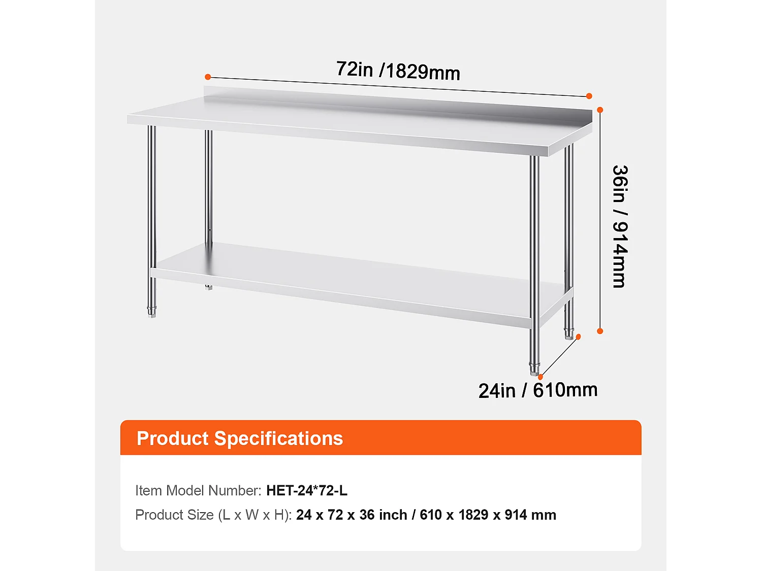 Werktafel Keuken SucceBuy, 61 x 182,9 cm, Voedselbereidingstafel, voor de Bereiding in de Keuken, in het Restaurant en in de Werkplaats