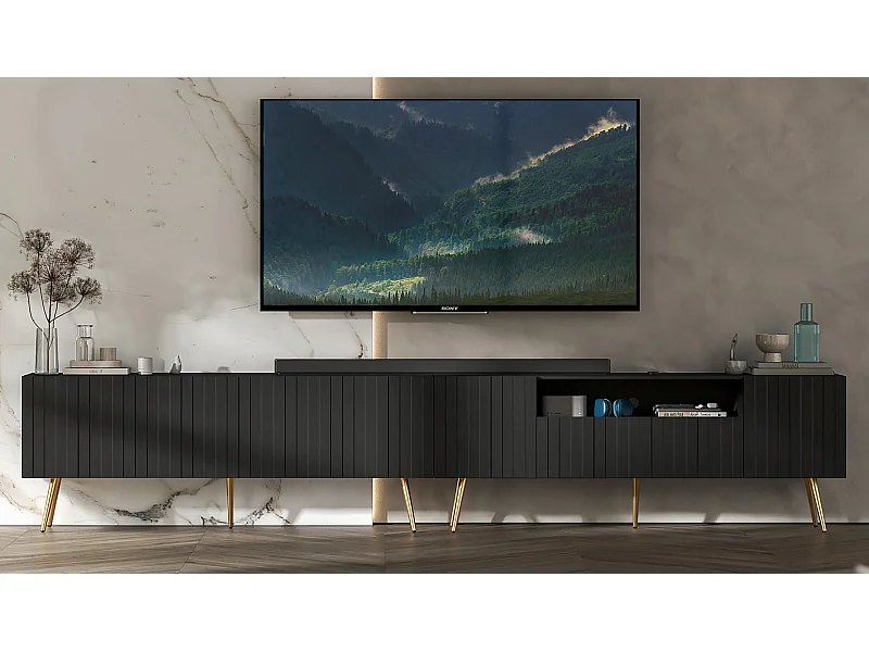 Meuble TV avec 7 portes et niche - Corps Noir mat, façades rainurées Noir mat - 300 cm, pieds dorés