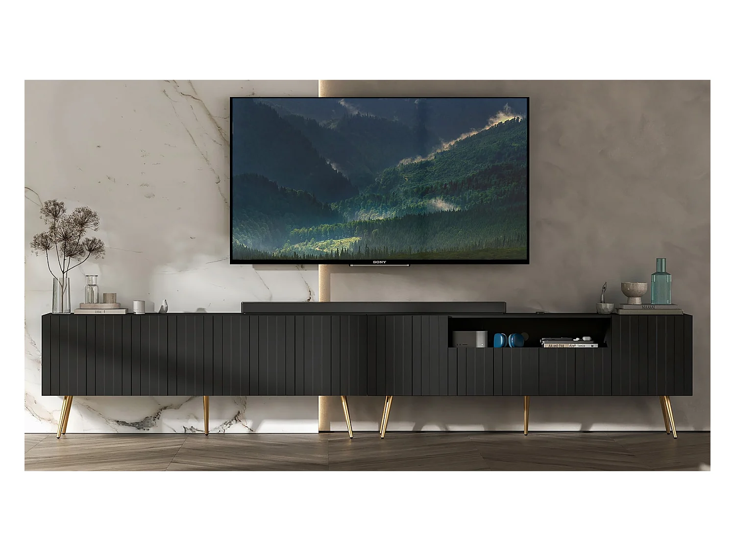 Meuble TV avec 7 portes et niche - Corps Noir mat, façades rainurées Noir mat - 300 cm, pieds dorés