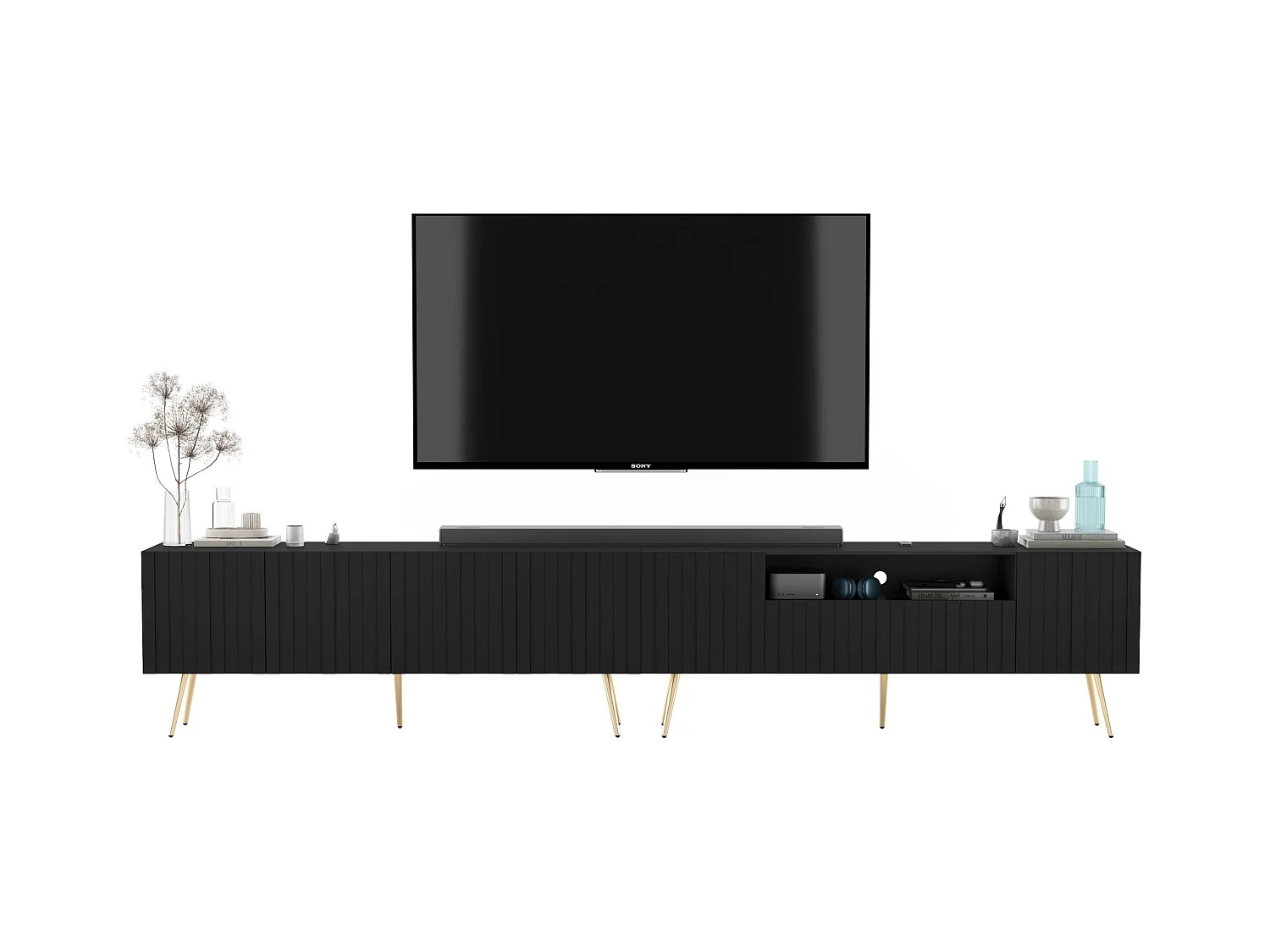 Meuble TV avec 7 portes et niche - Corps Noir mat, façades rainurées Noir mat - 300 cm, pieds dorés