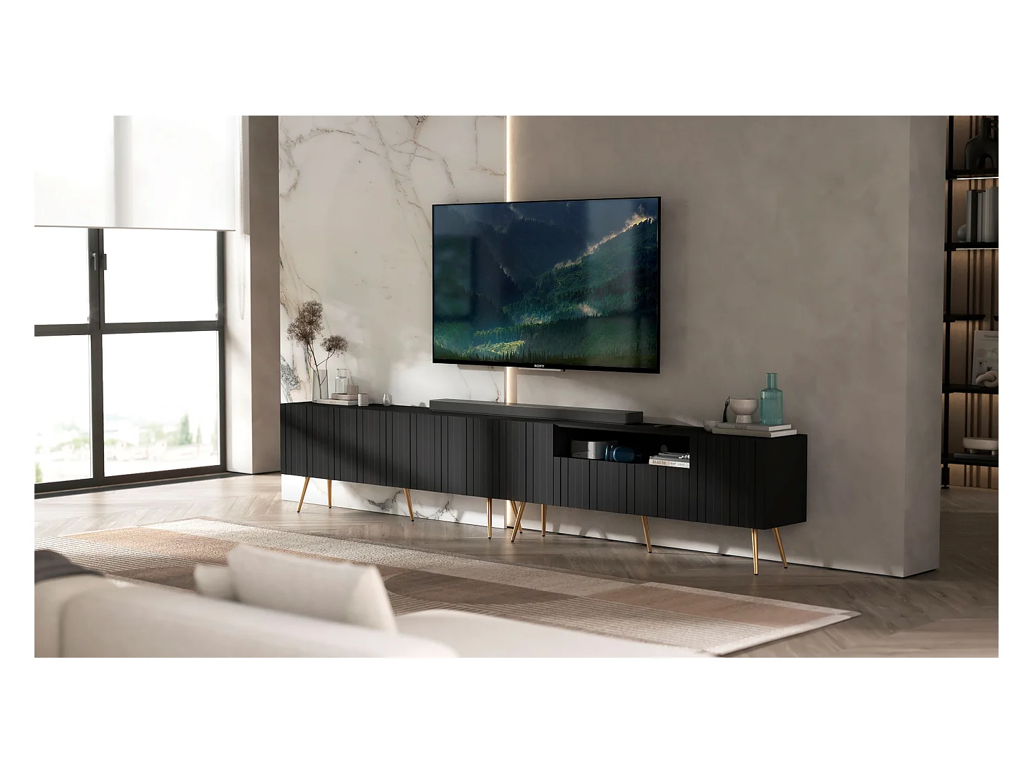 Meuble TV avec 7 portes et niche - Corps Noir mat, façades rainurées Noir mat - 300 cm, pieds dorés