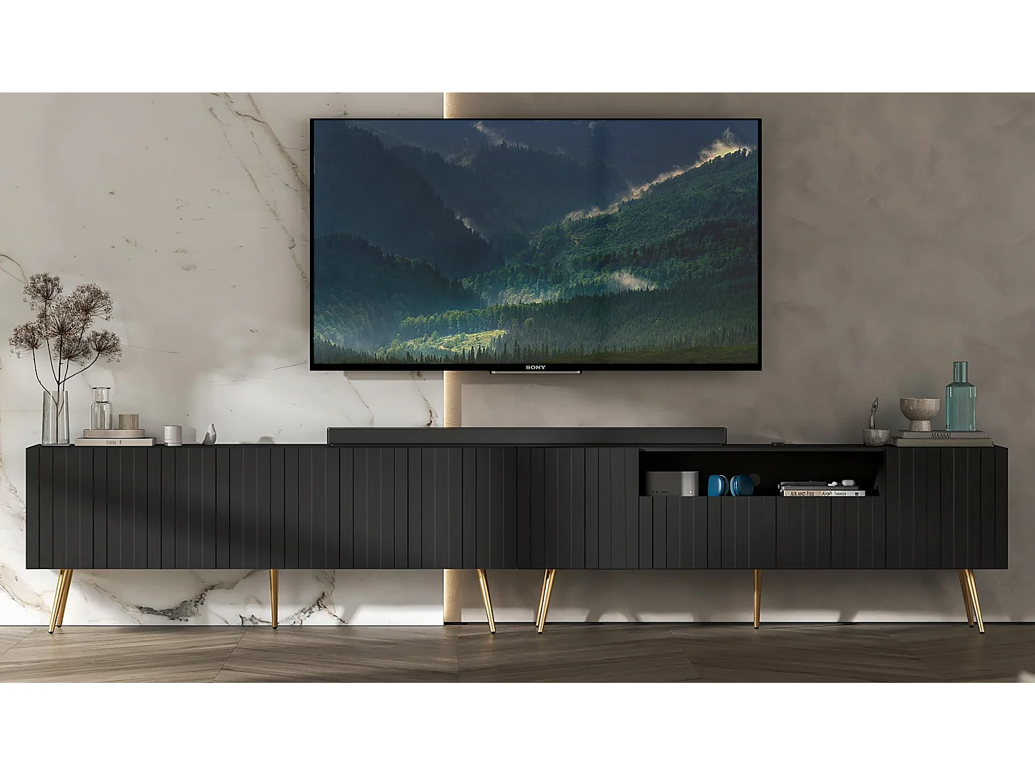 Meuble TV avec 7 portes et niche - Corps Noir mat, façades rainurées Noir mat - 300 cm, pieds dorés