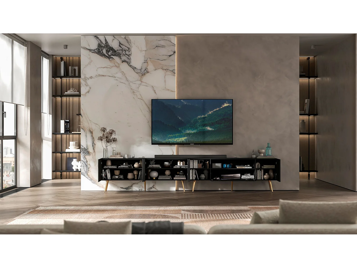 Meuble TV avec 7 portes et niche - Corps Noir mat, façades rainurées Noir mat - 300 cm, pieds dorés