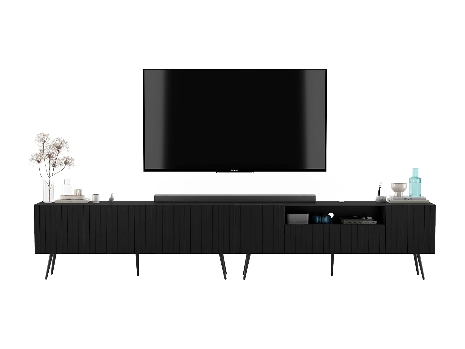 Meuble TV avec 7 portes et niche - Corps Noir mat, façades rainurées Noir mat - 300 cm, pieds dorés