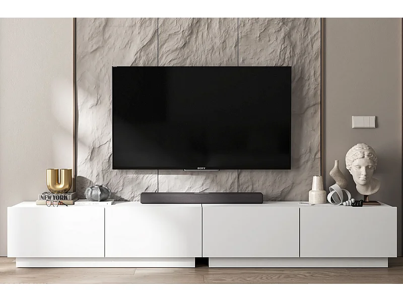 Meuble TV avec 4 portes - corps Blanc mat, façades Blanc mat - 240 cm, sur socle