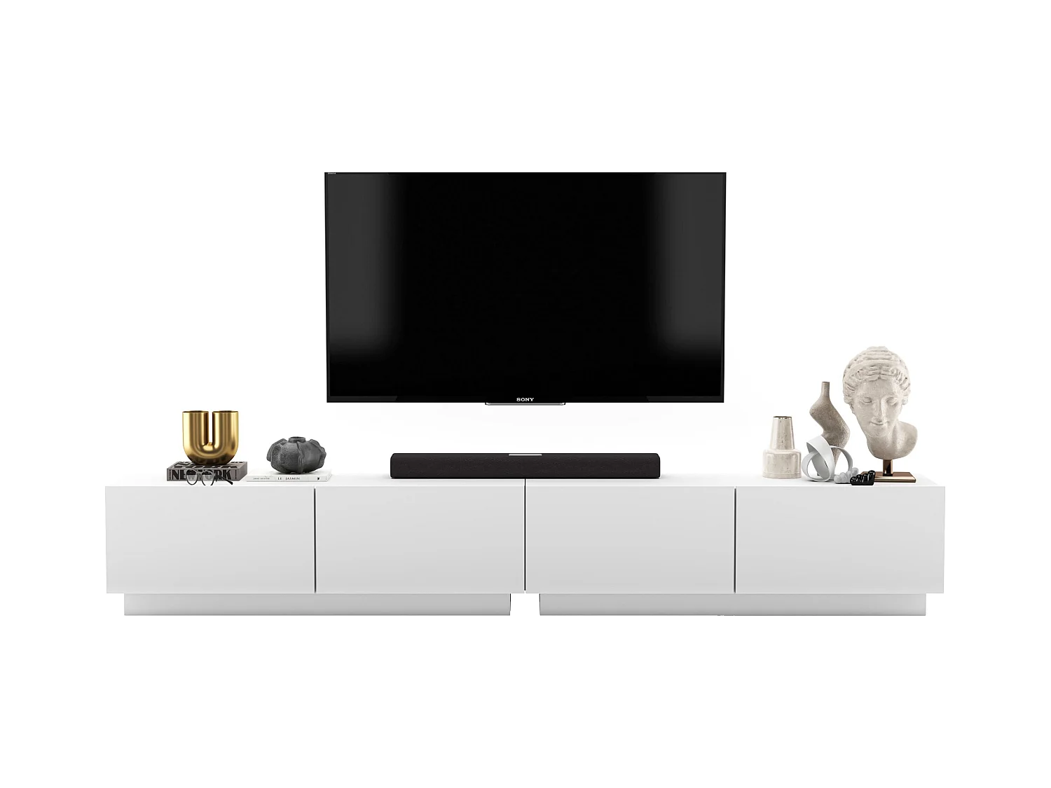 Meuble TV avec 4 portes - corps Blanc mat, façades Blanc mat - 240 cm, sur socle