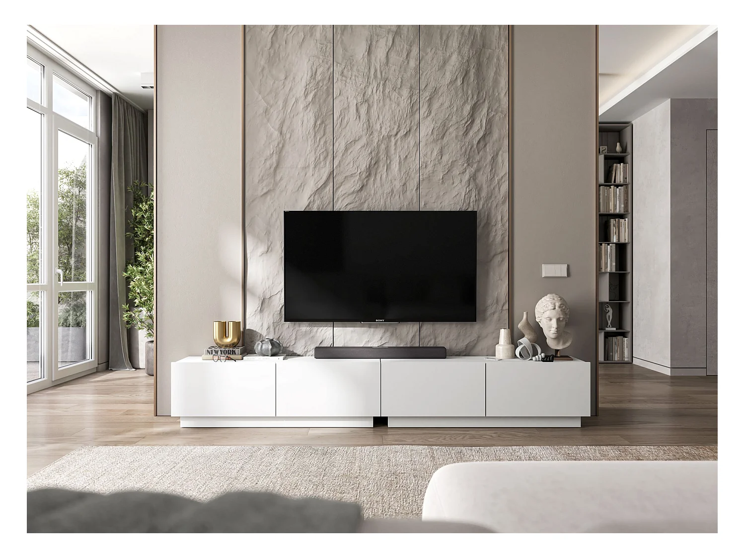 Meuble TV avec 4 portes - corps Blanc mat, façades Blanc mat - 240 cm, sur socle