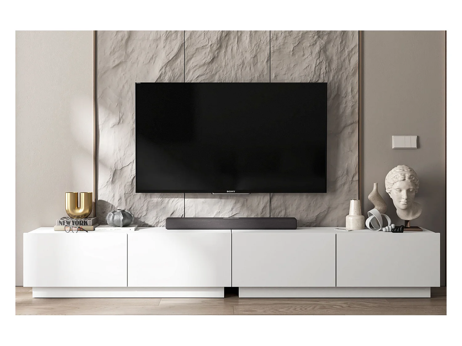 Meuble TV avec 4 portes - corps Blanc mat, façades Blanc mat - 240 cm, sur socle