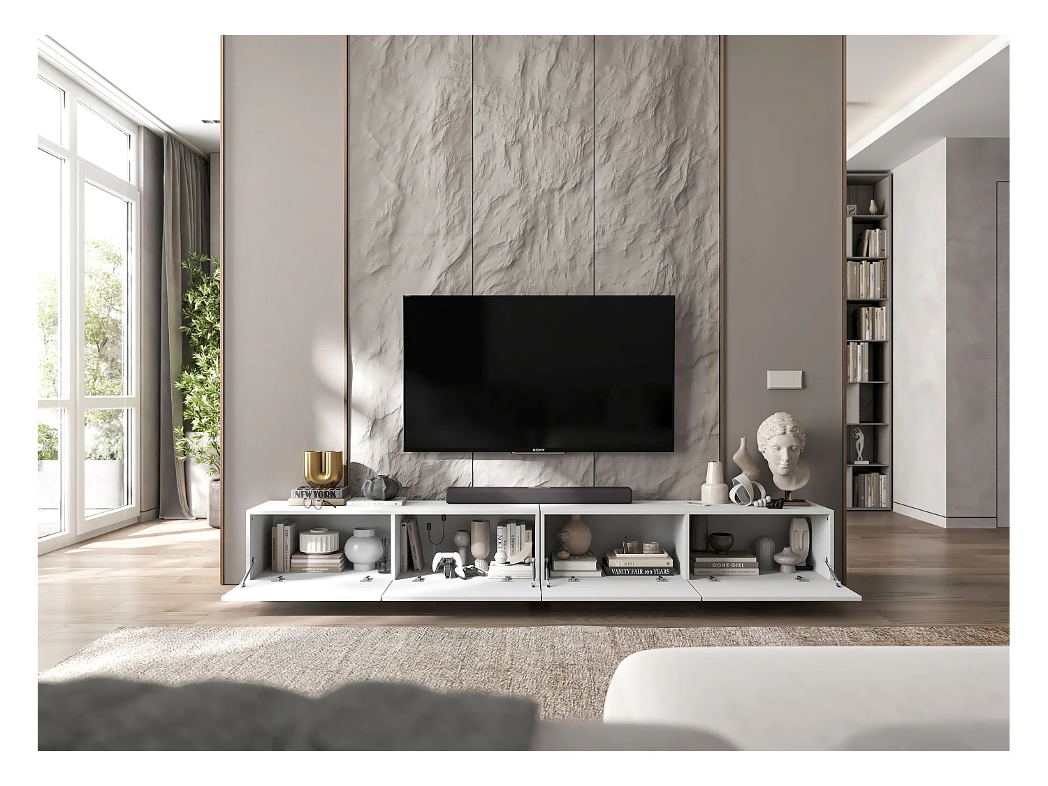 Meuble TV avec 4 portes - corps Blanc mat, façades Blanc mat - 240 cm, sur socle