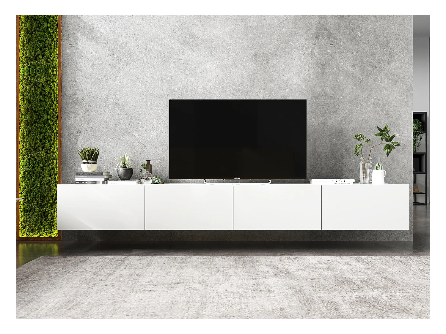 Meuble TV avec 4 portes - corps Blanc mat, façades Blanc mat - 240 cm, sur socle
