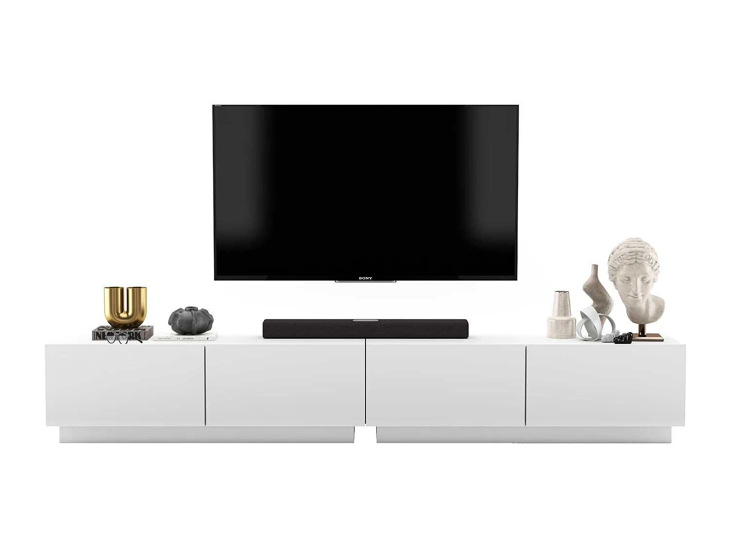 Meuble TV avec 4 portes - corps Blanc mat, façades Blanc mat - 240 cm, sur socle