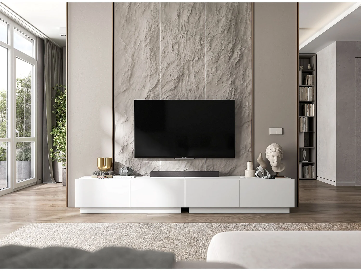 Meuble TV avec 4 portes - corps Blanc mat, façades Blanc mat - 240 cm, sur socle