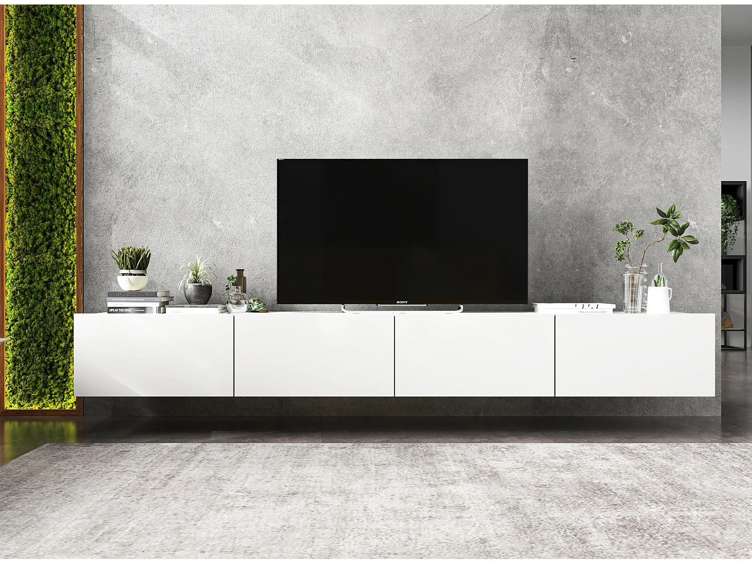 Meuble TV avec 4 portes - corps Blanc mat, façades Blanc mat - 240 cm, sur socle