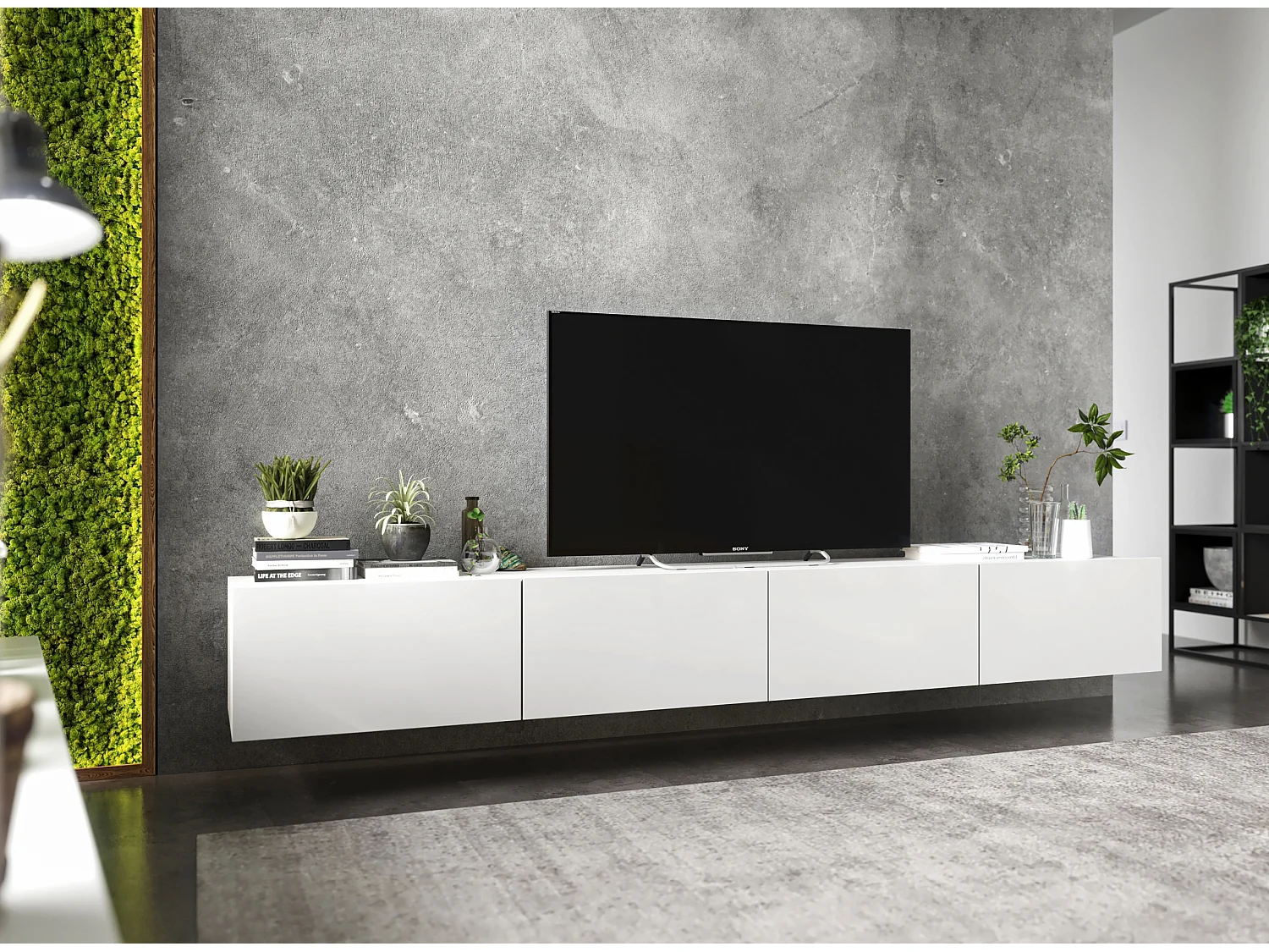 Meuble TV avec 4 portes - corps Blanc mat, façades Blanc mat - 240 cm, sur socle
