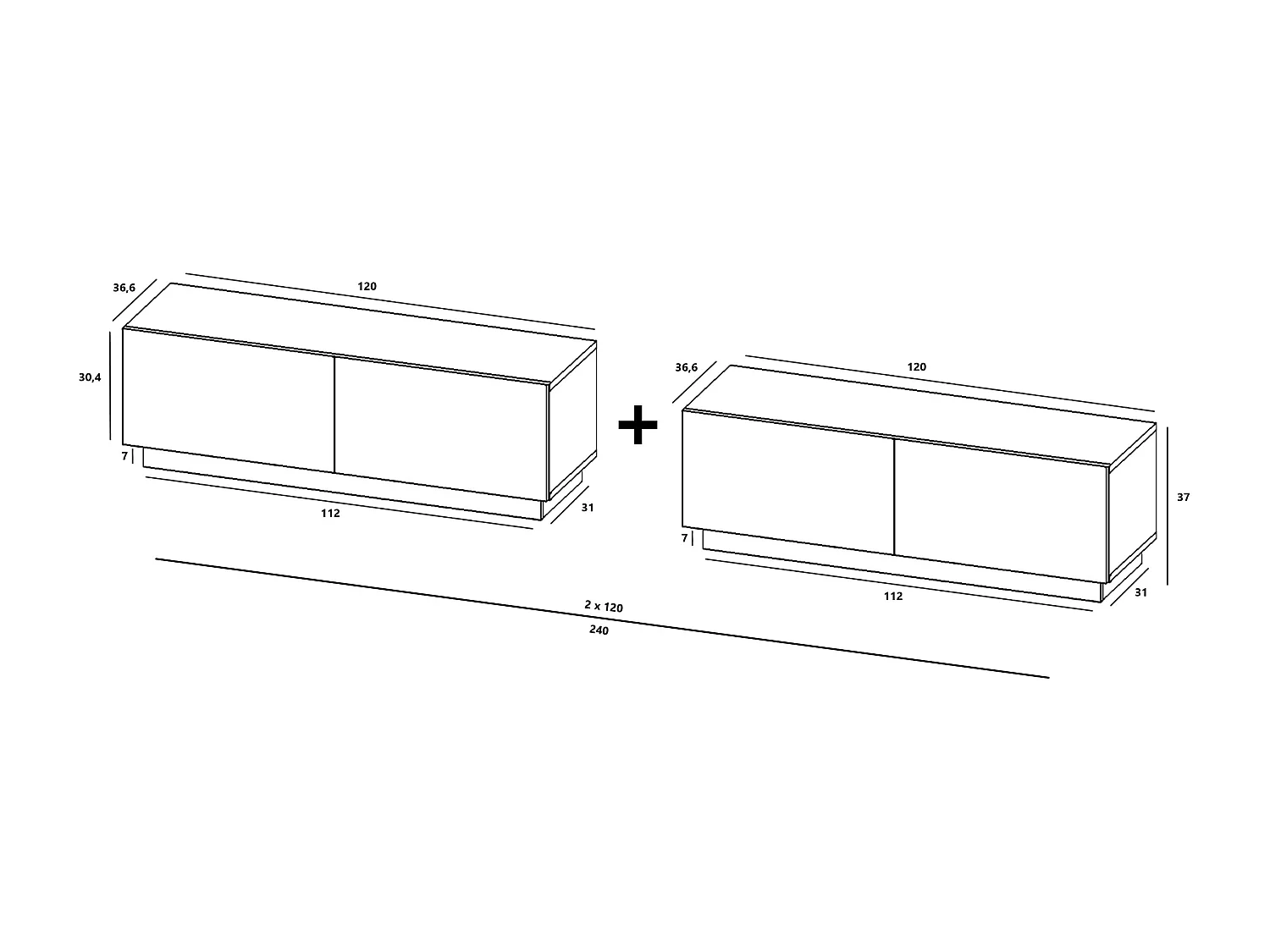 Meuble TV avec 4 portes - corps Blanc mat, façades Blanc mat - 240 cm, sur socle