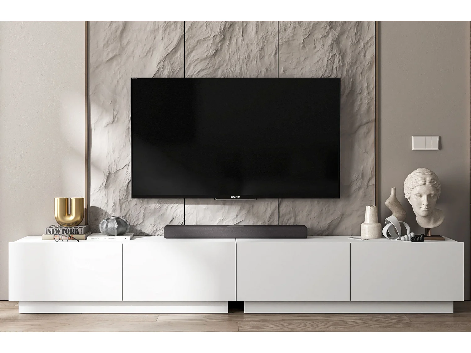 Meuble TV avec 4 portes - corps Blanc mat, façades Blanc mat - 240 cm, sur socle