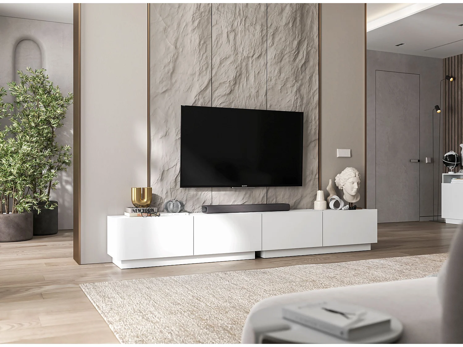 Meuble TV avec 4 portes - corps Blanc mat, façades Blanc mat - 240 cm, sur socle