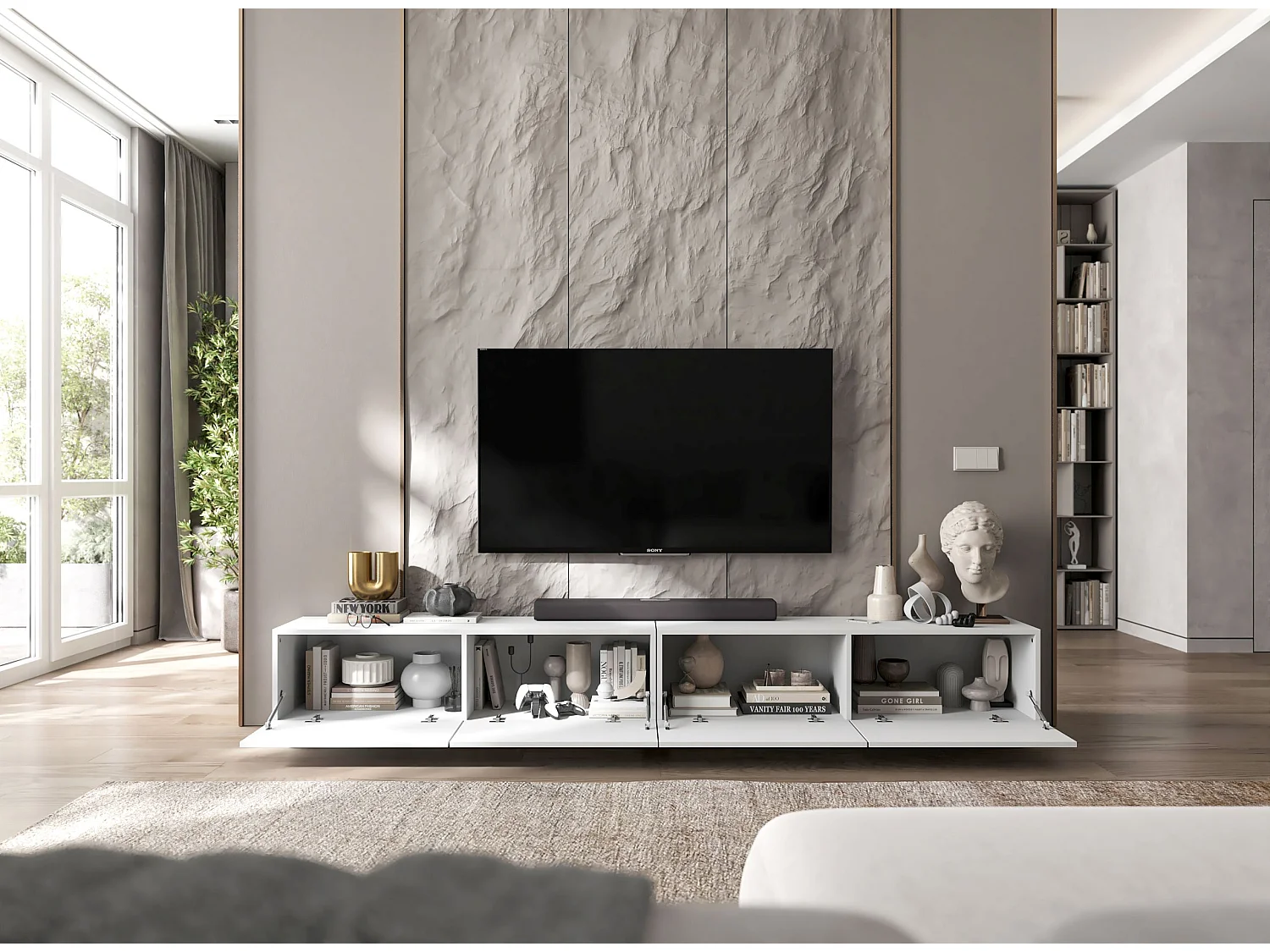 Meuble TV avec 4 portes - corps Blanc mat, façades Blanc mat - 240 cm, sur socle