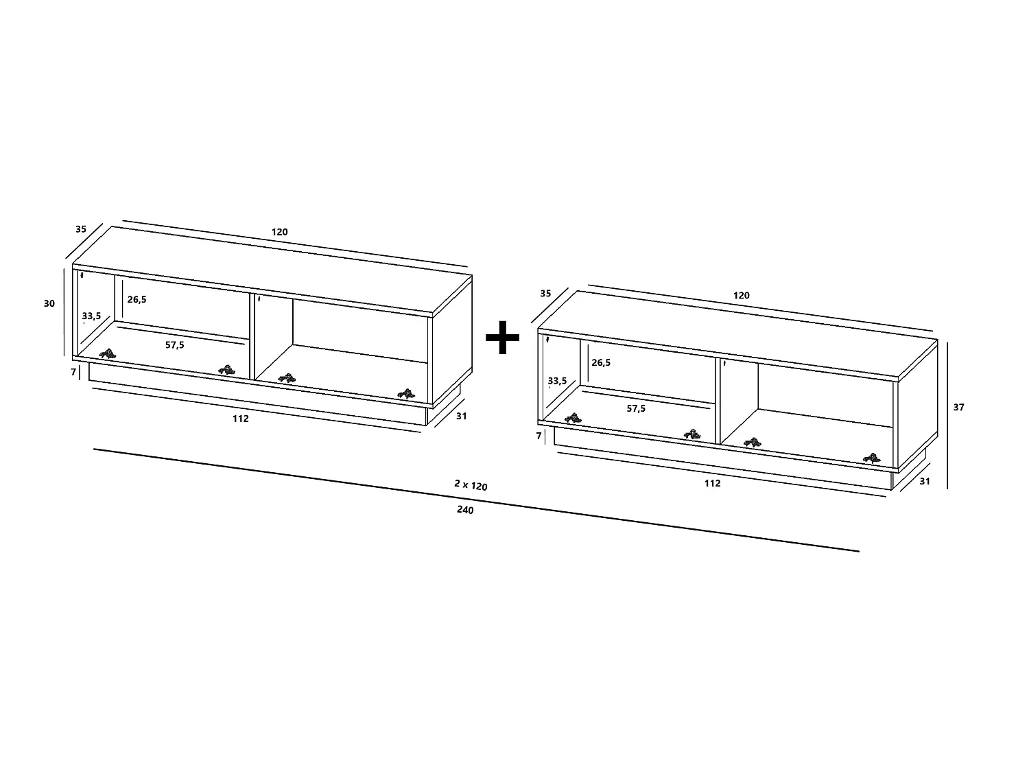 Meuble TV avec 4 portes - corps Blanc mat, façades Blanc mat - 240 cm, sur socle