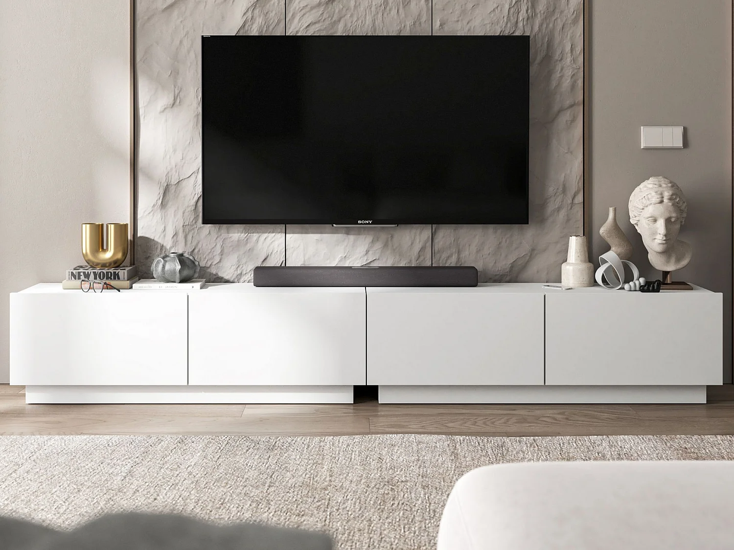 Meuble TV avec 4 portes - corps Blanc mat, façades Blanc mat - 240 cm, sur socle