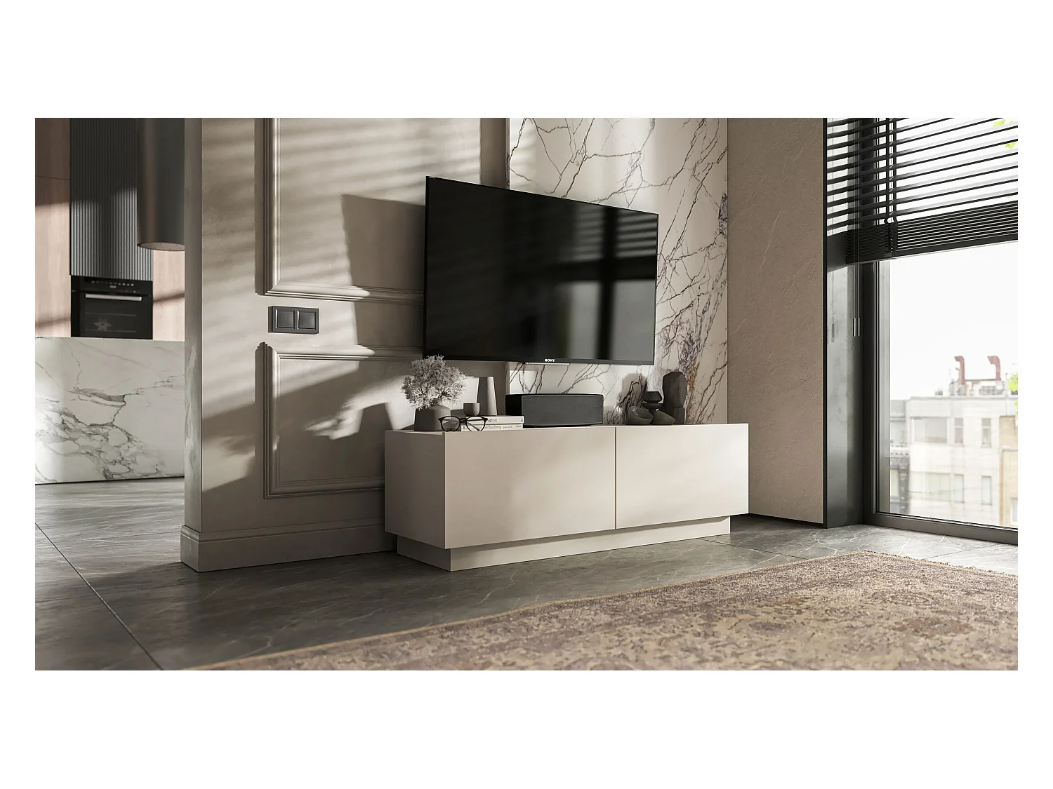 Meuble TV avec 2 portes - corps Cachemire mat, façades Cachemire mat - 120 cm, sur socle
