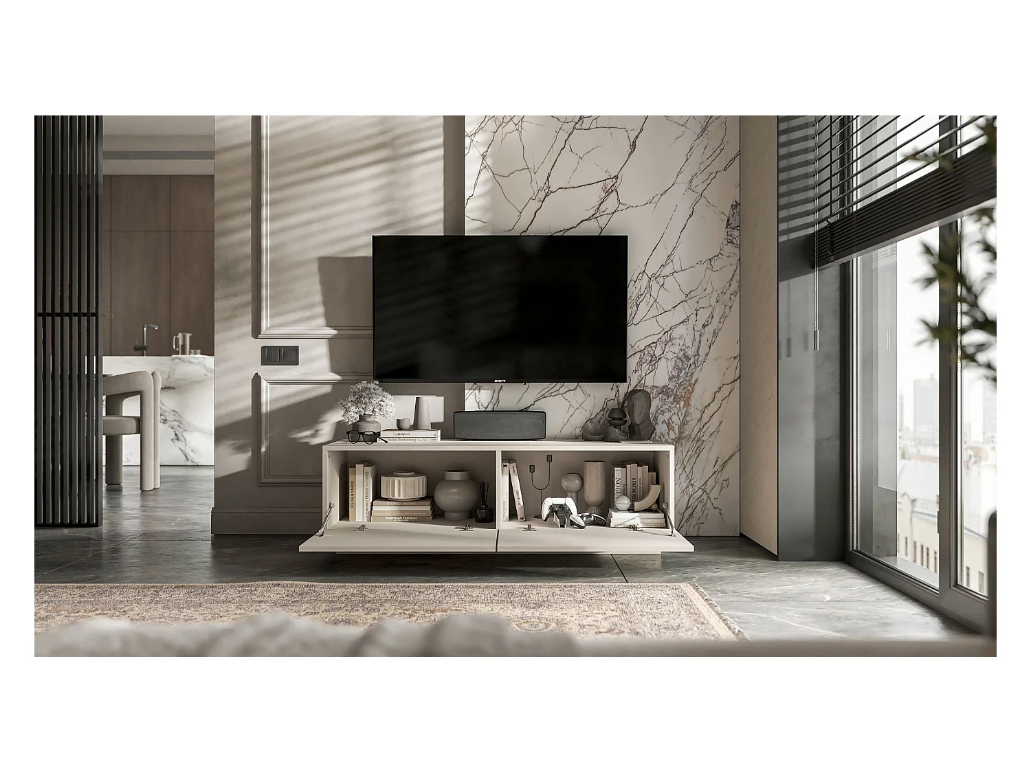 Meuble TV avec 2 portes - corps Cachemire mat, façades Cachemire mat - 120 cm, sur socle