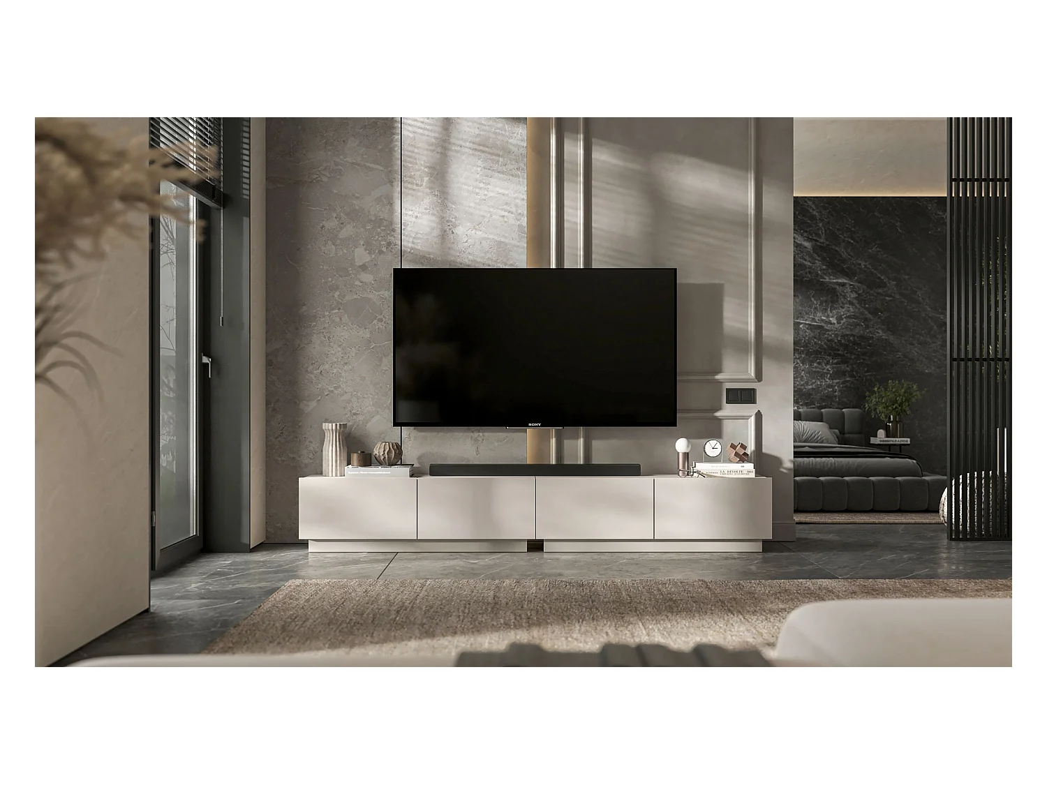 Meuble TV avec 2 portes - corps Cachemire mat, façades Cachemire mat - 120 cm, sur socle