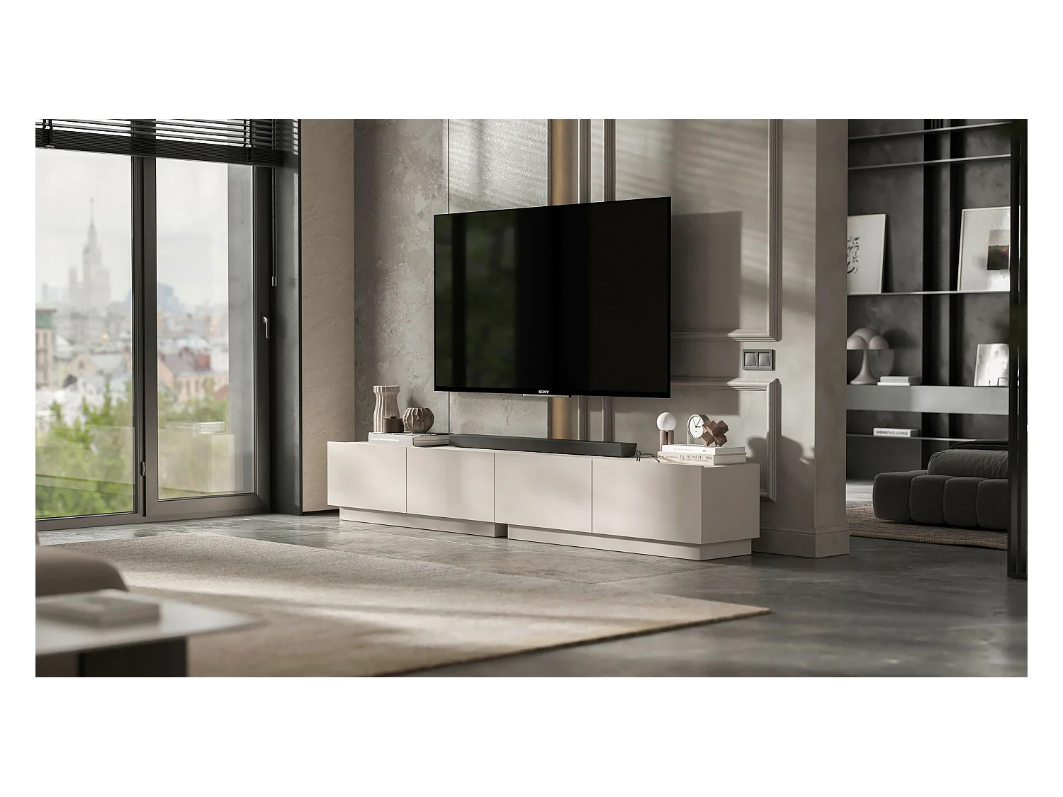 Meuble TV avec 2 portes - corps Cachemire mat, façades Cachemire mat - 120 cm, sur socle