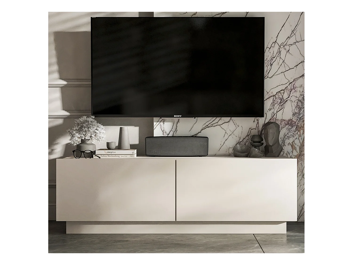 Meuble TV avec 2 portes - corps Cachemire mat, façades Cachemire mat - 120 cm, sur socle
