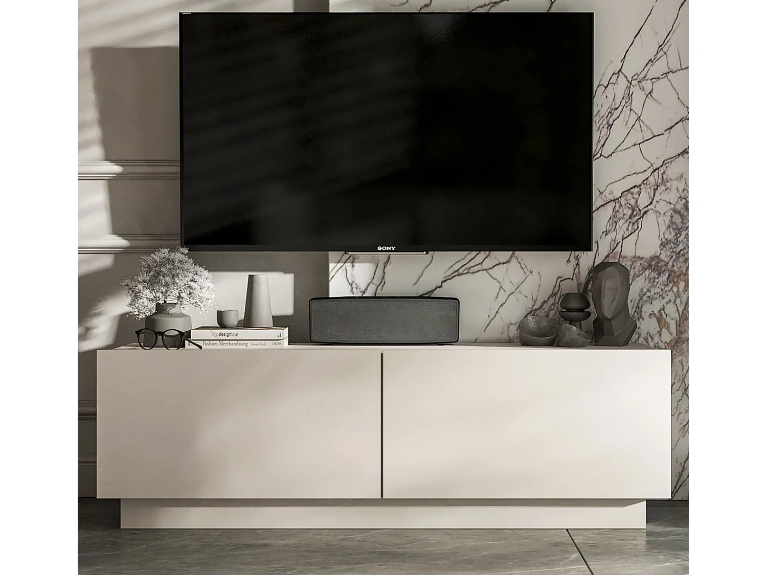 Meuble TV avec 2 portes - corps Cachemire mat, façades Cachemire mat - 120 cm, sur socle