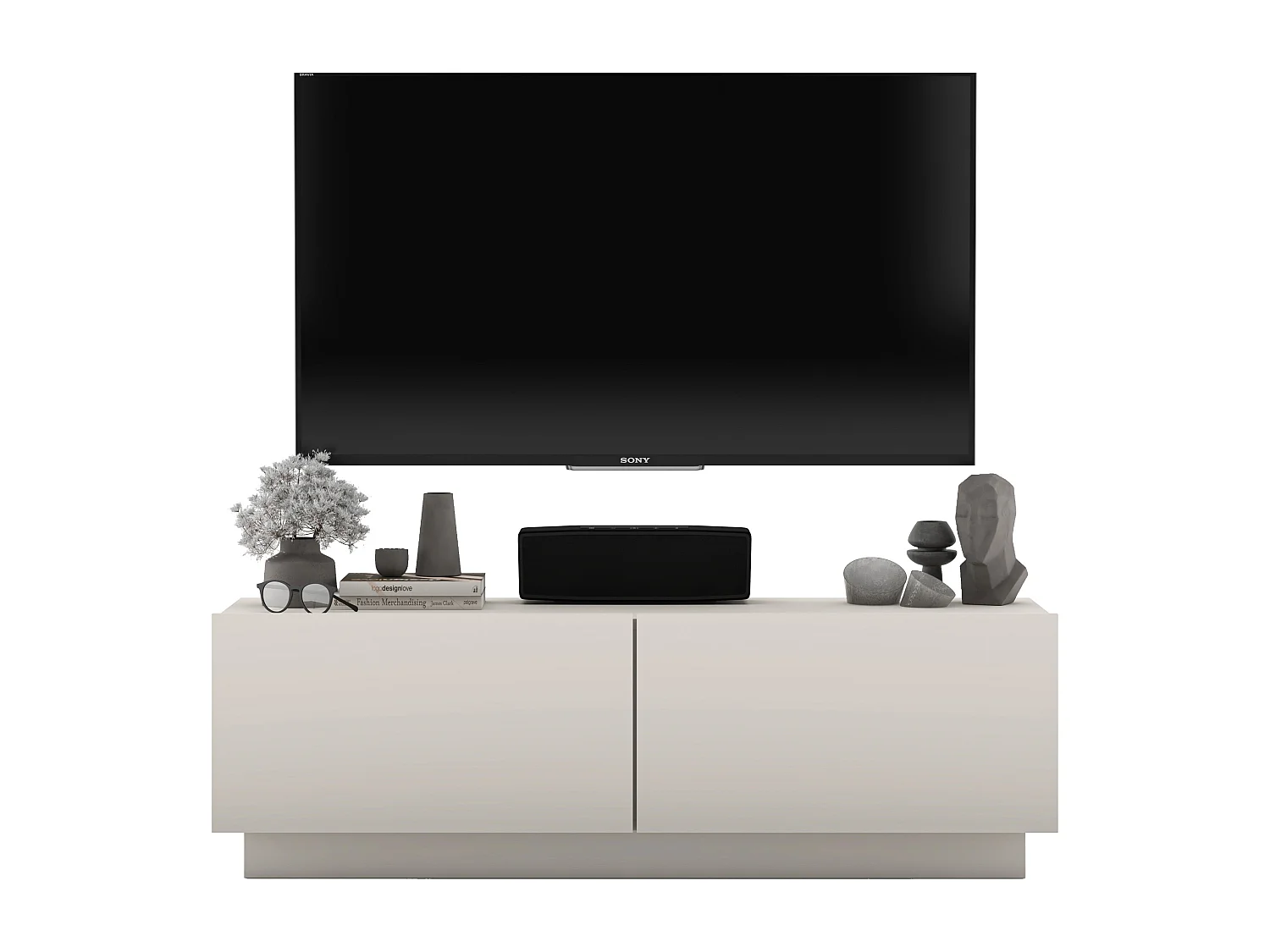 Meuble TV avec 2 portes - corps Cachemire mat, façades Cachemire mat - 120 cm, sur socle