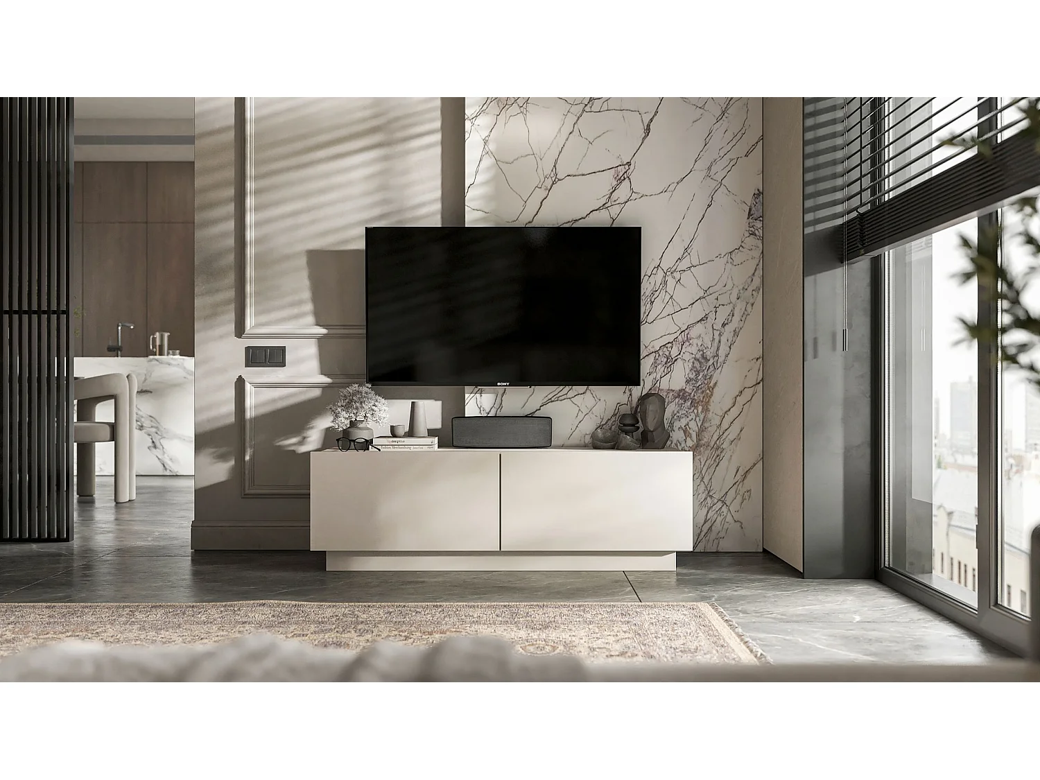 Meuble TV avec 2 portes - corps Cachemire mat, façades Cachemire mat - 120 cm, sur socle