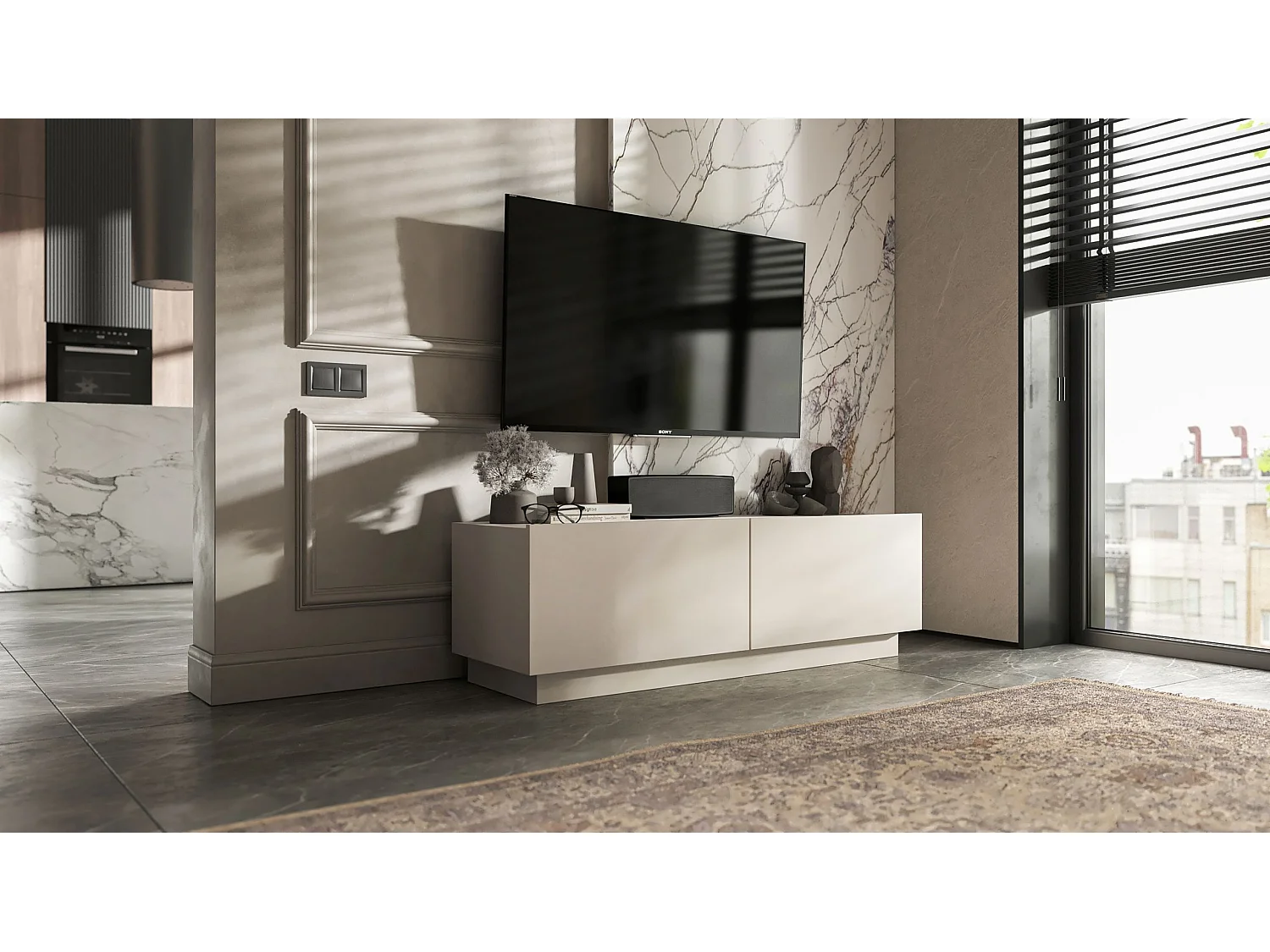 Meuble TV avec 2 portes - corps Cachemire mat, façades Cachemire mat - 120 cm, sur socle