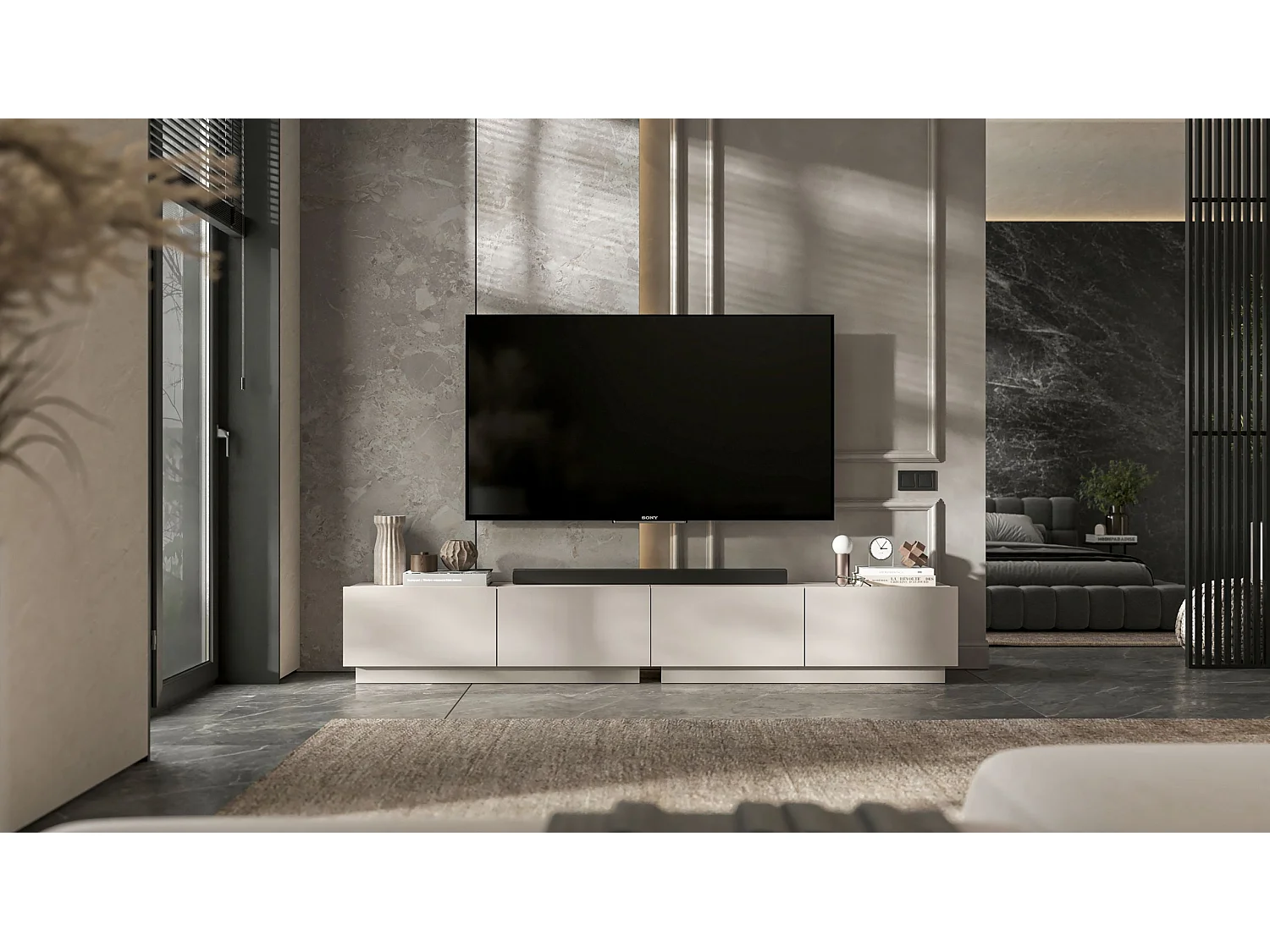 Meuble TV avec 2 portes - corps Cachemire mat, façades Cachemire mat - 120 cm, sur socle