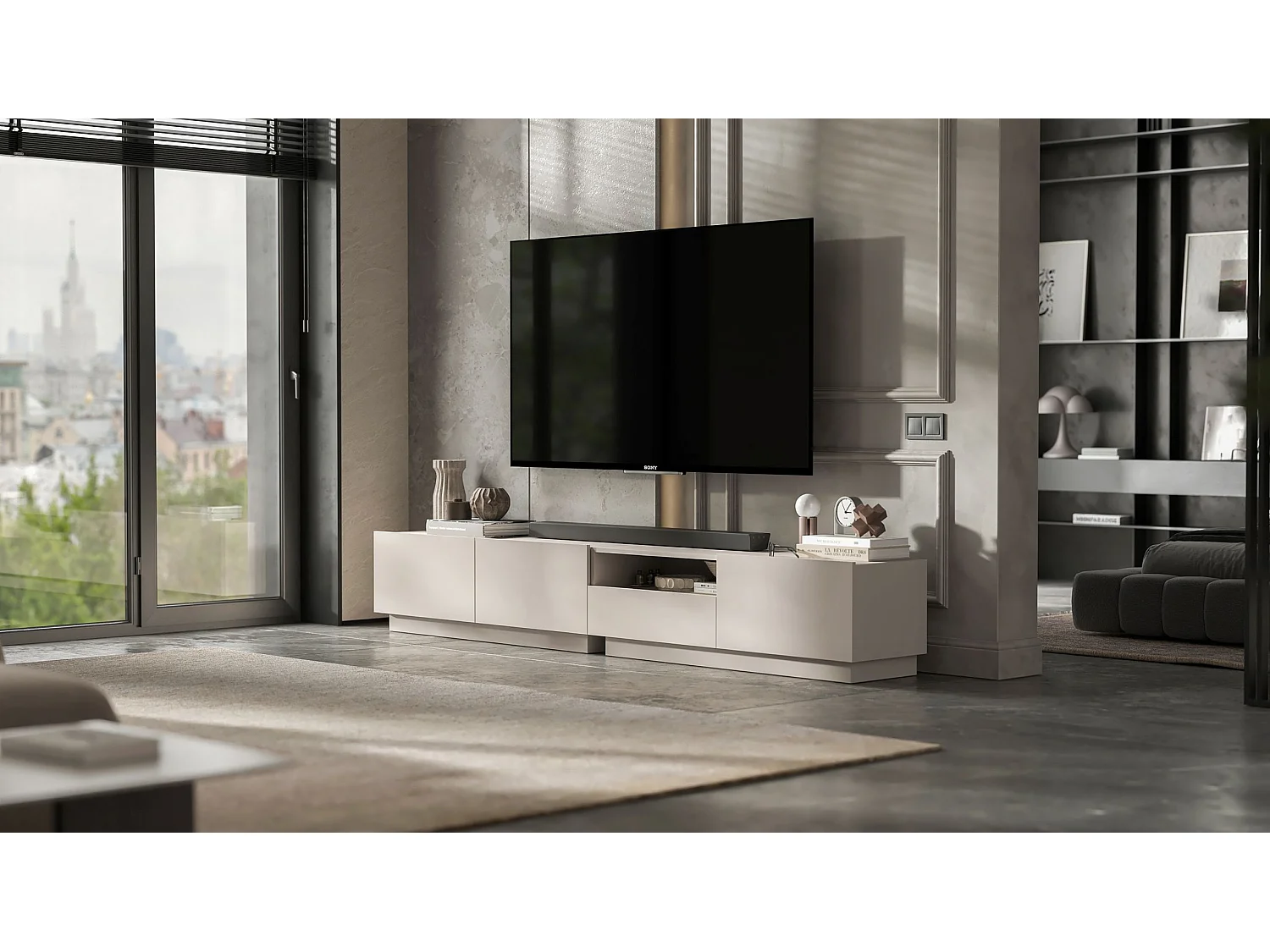 Meuble TV avec 2 portes - corps Cachemire mat, façades Cachemire mat - 120 cm, sur socle