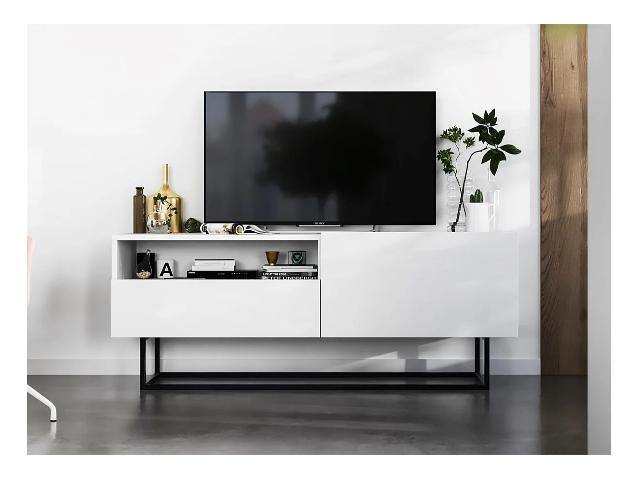 Meuble TV avec 1 portes et niche, tiroir - corps Blanc mat, façades Blanc mat - 120 cm, Cadre en métal noir