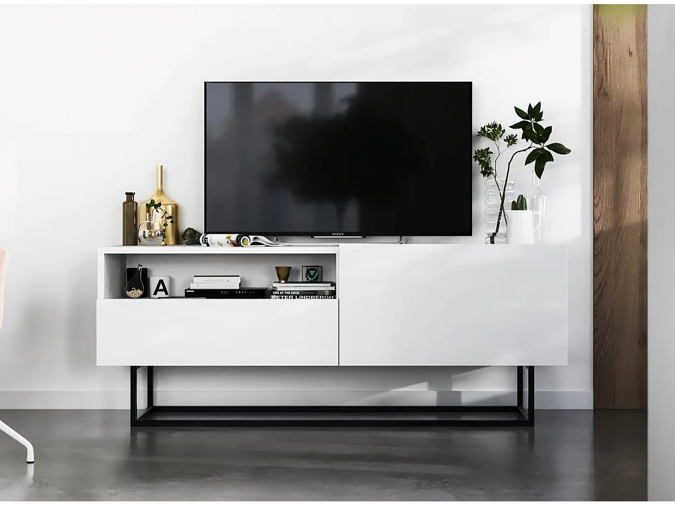 Meuble TV avec 1 portes et niche, tiroir - corps Blanc mat, façades Blanc mat - 120 cm, Cadre en métal noir