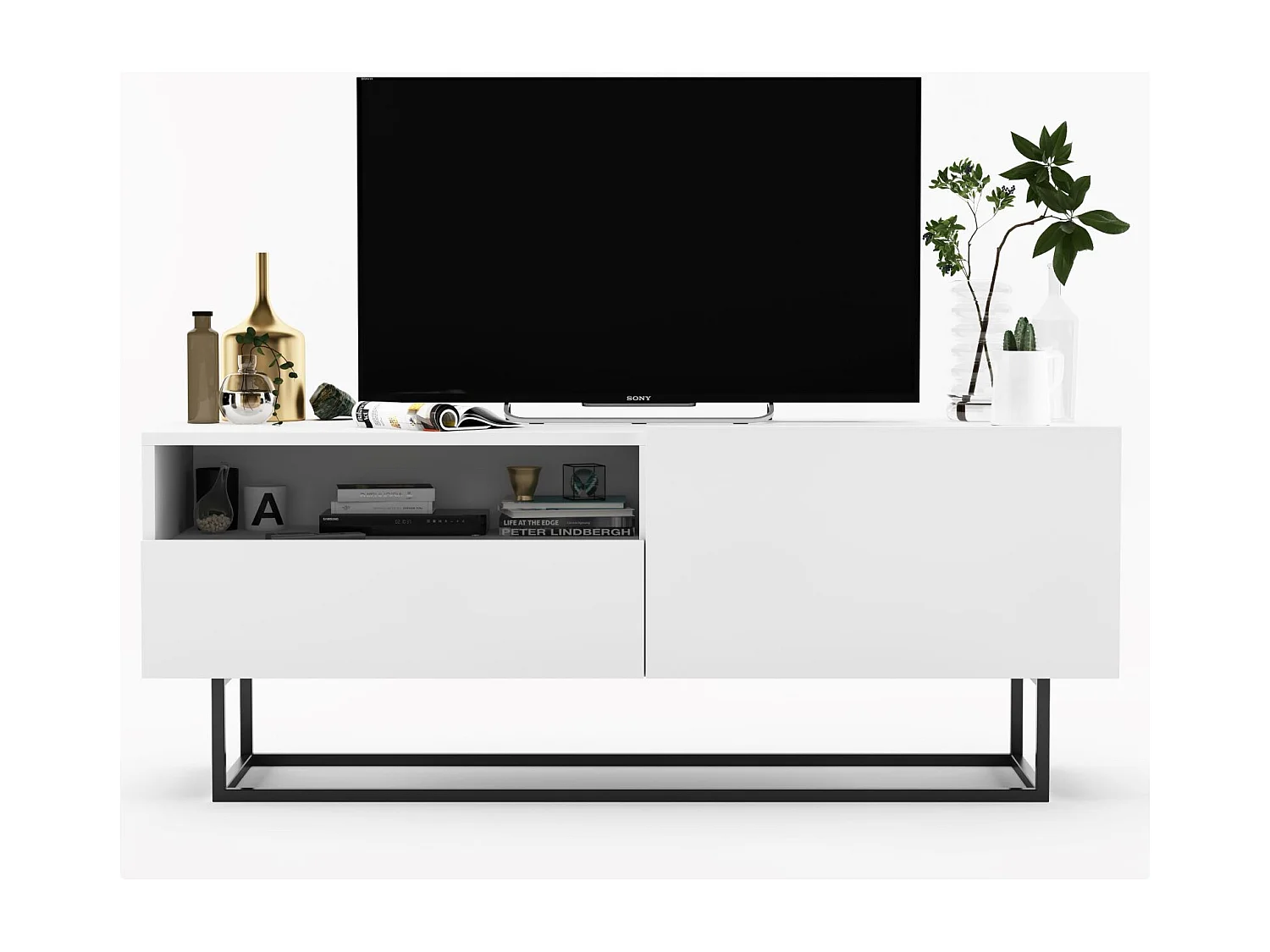 Meuble TV avec 1 portes et niche, tiroir - corps Blanc mat, façades Blanc mat - 120 cm, Cadre en métal noir