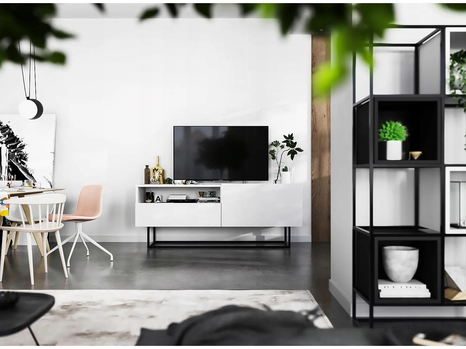 TV-meubel met 1 deur en nis, lade - Mat wit lichaam, fronten Mat wit - 120 cm, Zwart metalen frame