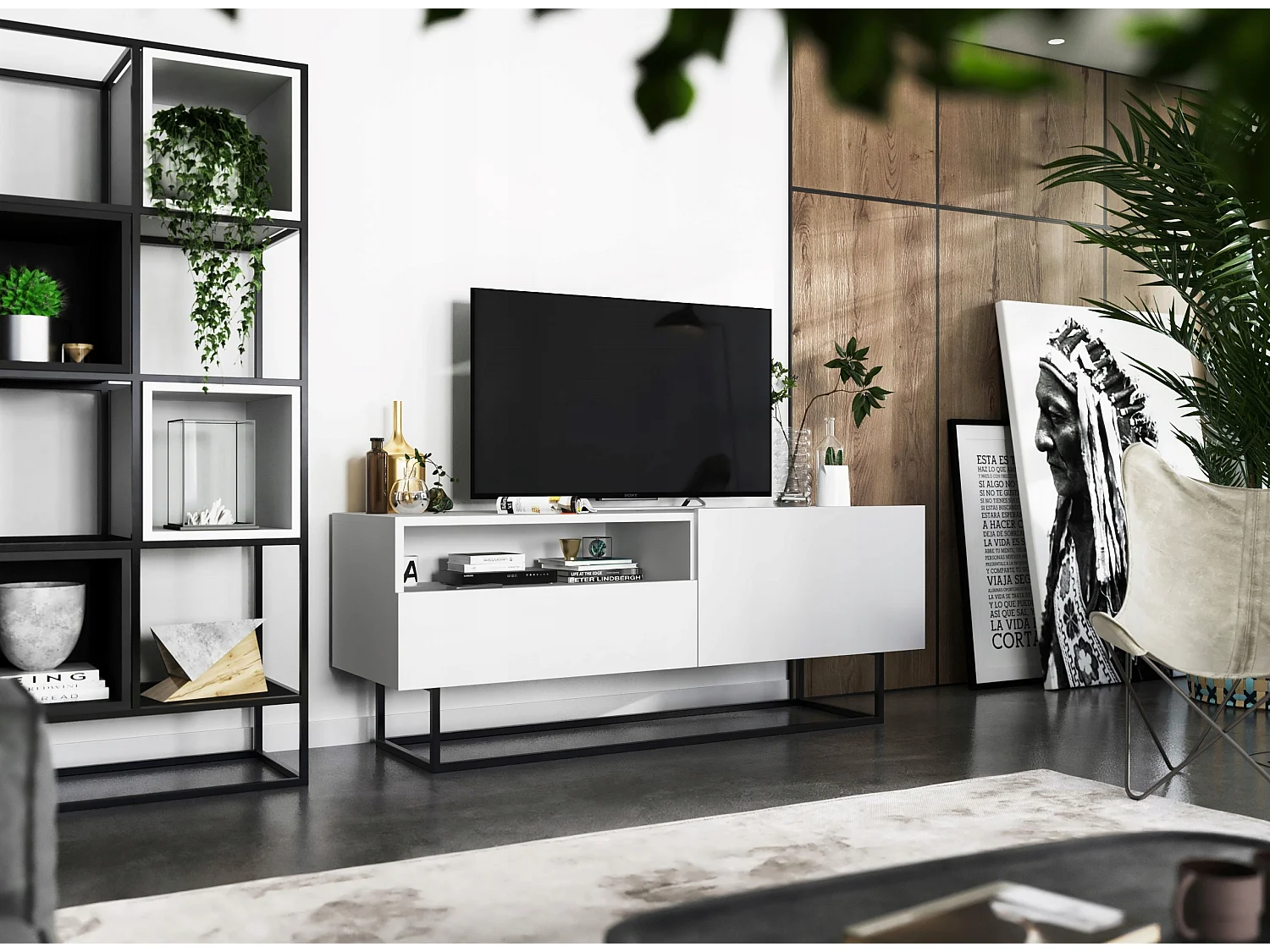 TV-meubel met 1 deur en nis, lade - Mat wit lichaam, fronten Mat wit - 120 cm, Zwart metalen frame