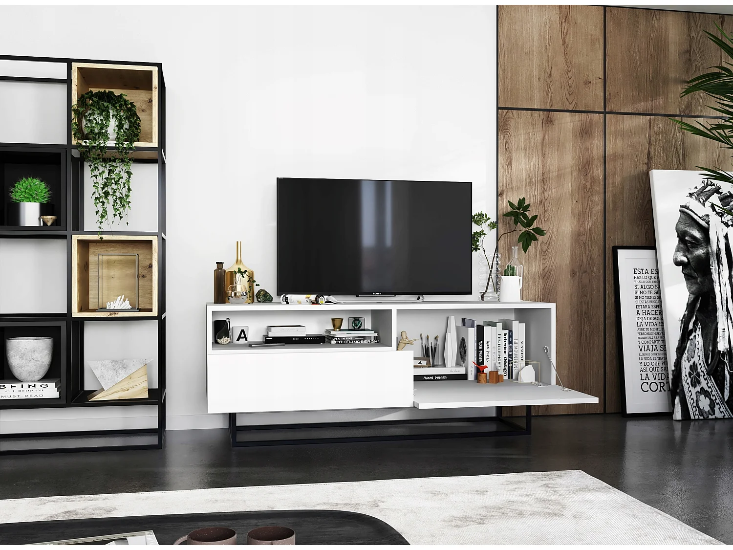 TV-meubel met 1 deur en nis, lade - Mat wit lichaam, fronten Mat wit - 120 cm, Zwart metalen frame