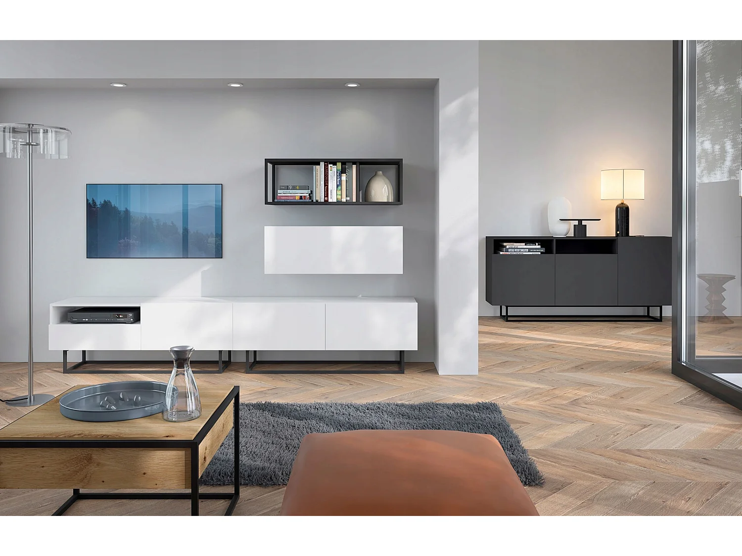 TV-meubel met 1 deur en nis, lade - Mat wit lichaam, fronten Mat wit - 120 cm, Zwart metalen frame