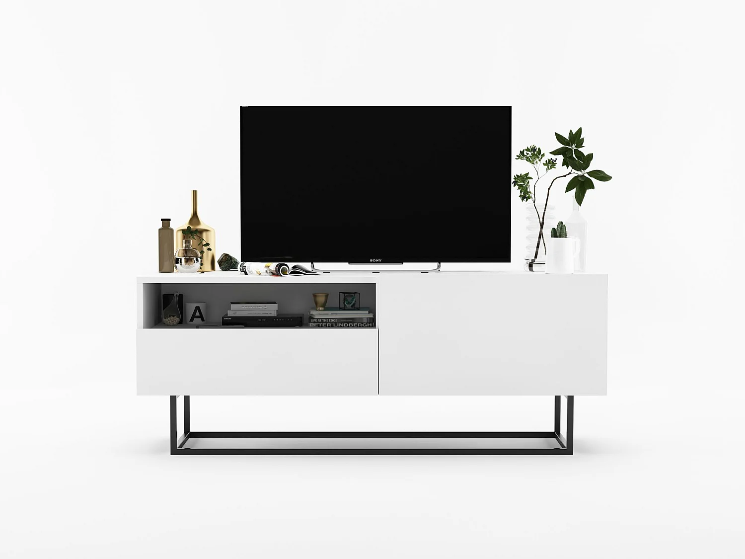 TV-meubel met 1 deur en nis, lade - Mat wit lichaam, fronten Mat wit - 120 cm, Zwart metalen frame