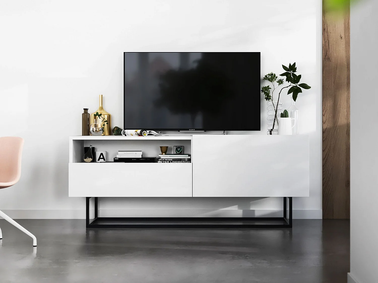 TV-meubel met 1 deur en nis, lade - Mat wit lichaam, fronten Mat wit - 120 cm, Zwart metalen frame