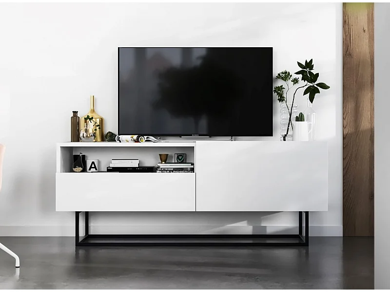 Meuble TV avec 1 portes et niche, tiroir - corps Blanc mat, façades Blanc mat - 120 cm, Cadre en métal noir