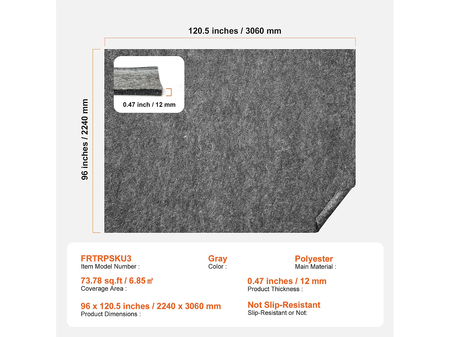 Tapis Antidérapant SucceBuy, 224x306 cm, 12 mm d'Épaisseur pour Sol