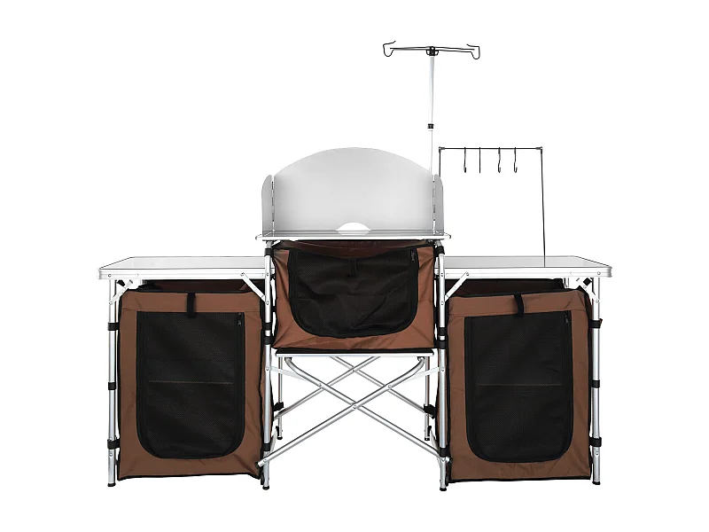 Campingküche, SucceBuy Camping-Küchentisch, Faltbare Tragbare Kochstation mit 3 Schränken, Braun